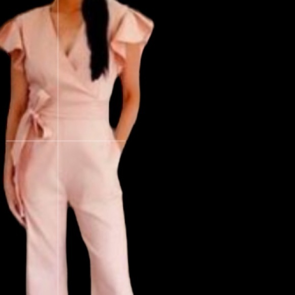 Rachel Parcell Pale Pink Ruffled Sleeve Tie Waist Pantsuit Sz S Belted - Picture 3 of 10